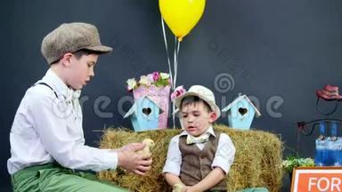 两个穿着时髦的男孩和小鸭子、小鸡玩耍，背景是干草堆里的彩色鸟舍